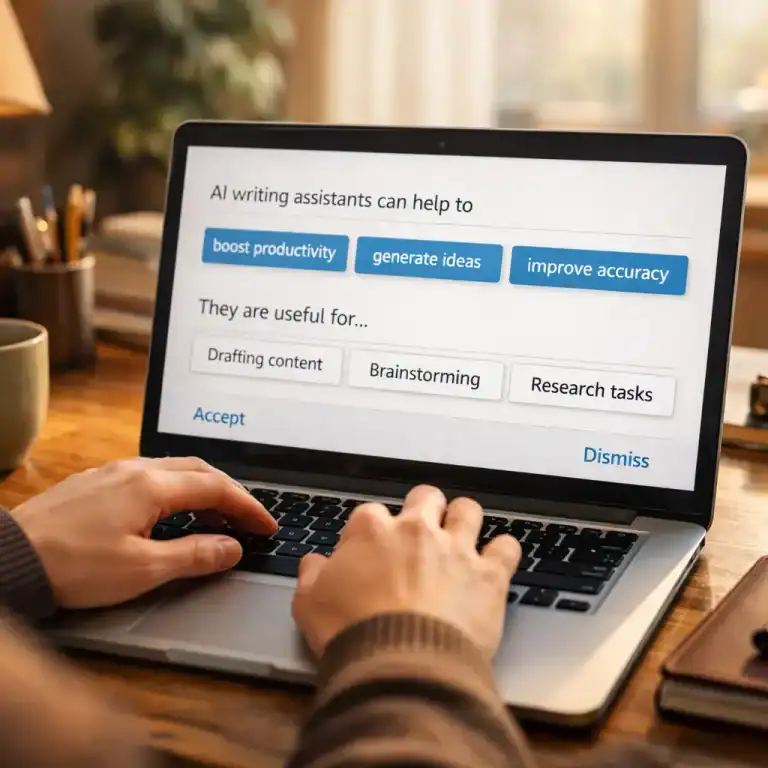 Person using AI writing tools like ChatGPT and Claude on a laptop in a home office with warm lighting
