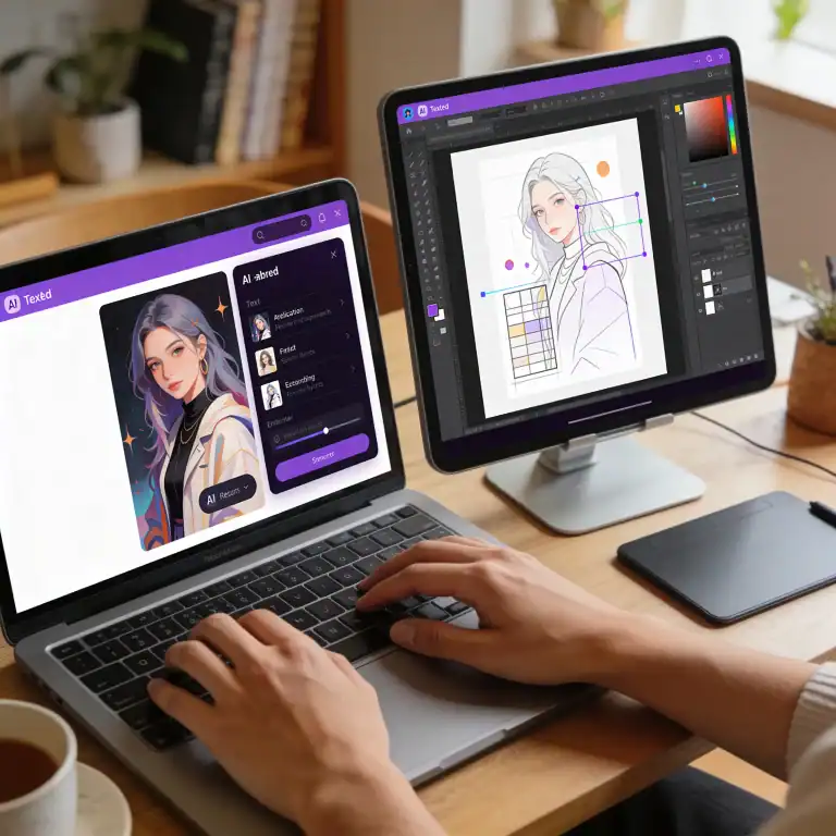 AI design and image generation tools showing split screen with AI artwork and graphic design canvas