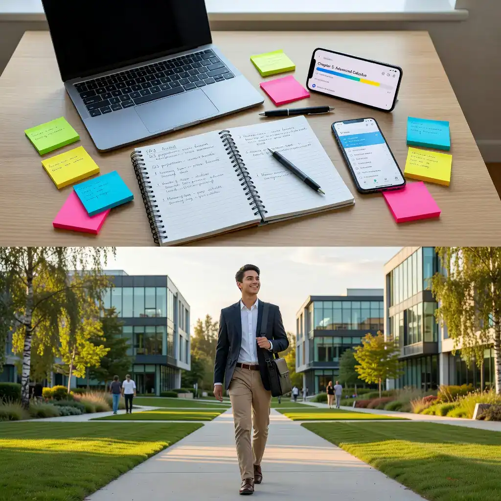Confident student walking through modern university campus
