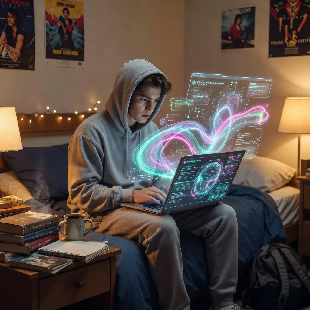 College student using ChatGPT for studying on laptop in dorm room