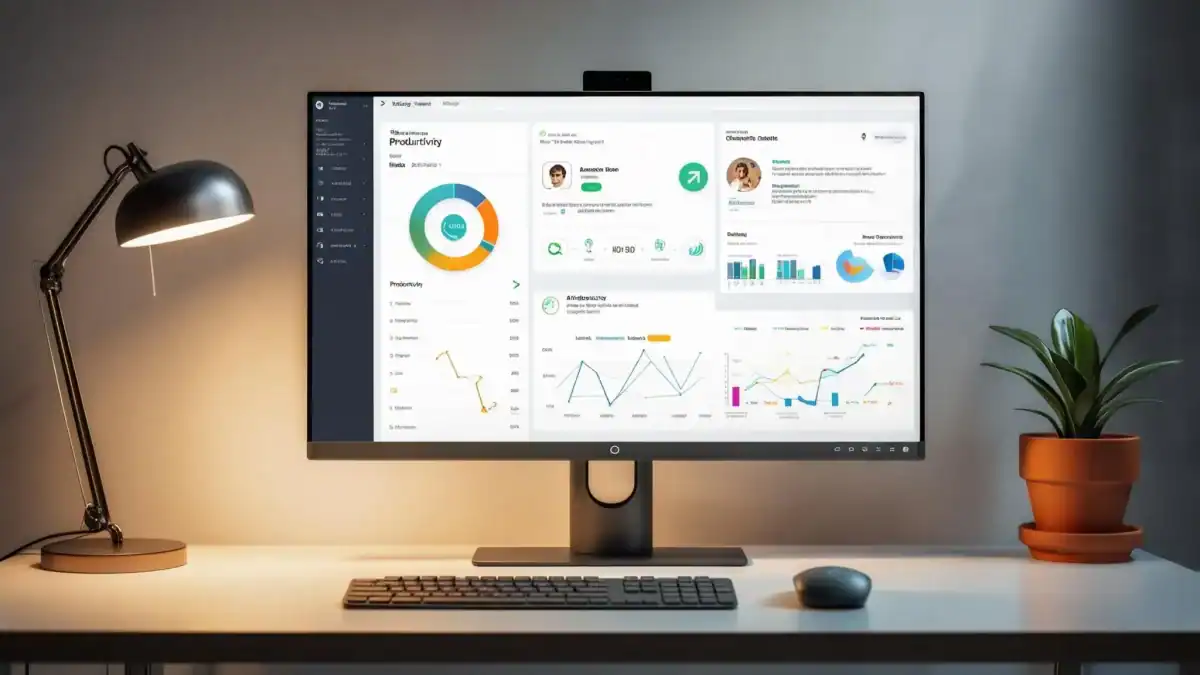 Clean workspace with monitor displaying AI productivity dashboard and smart assistant interface for task management