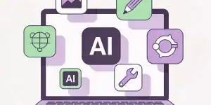 Best free AI tools in 2026 showing laptop with floating AI tool icons for writing design and productivity