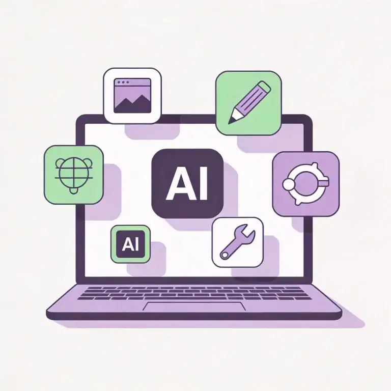 Best free AI tools in 2026 showing laptop with floating AI tool icons for writing design and productivity