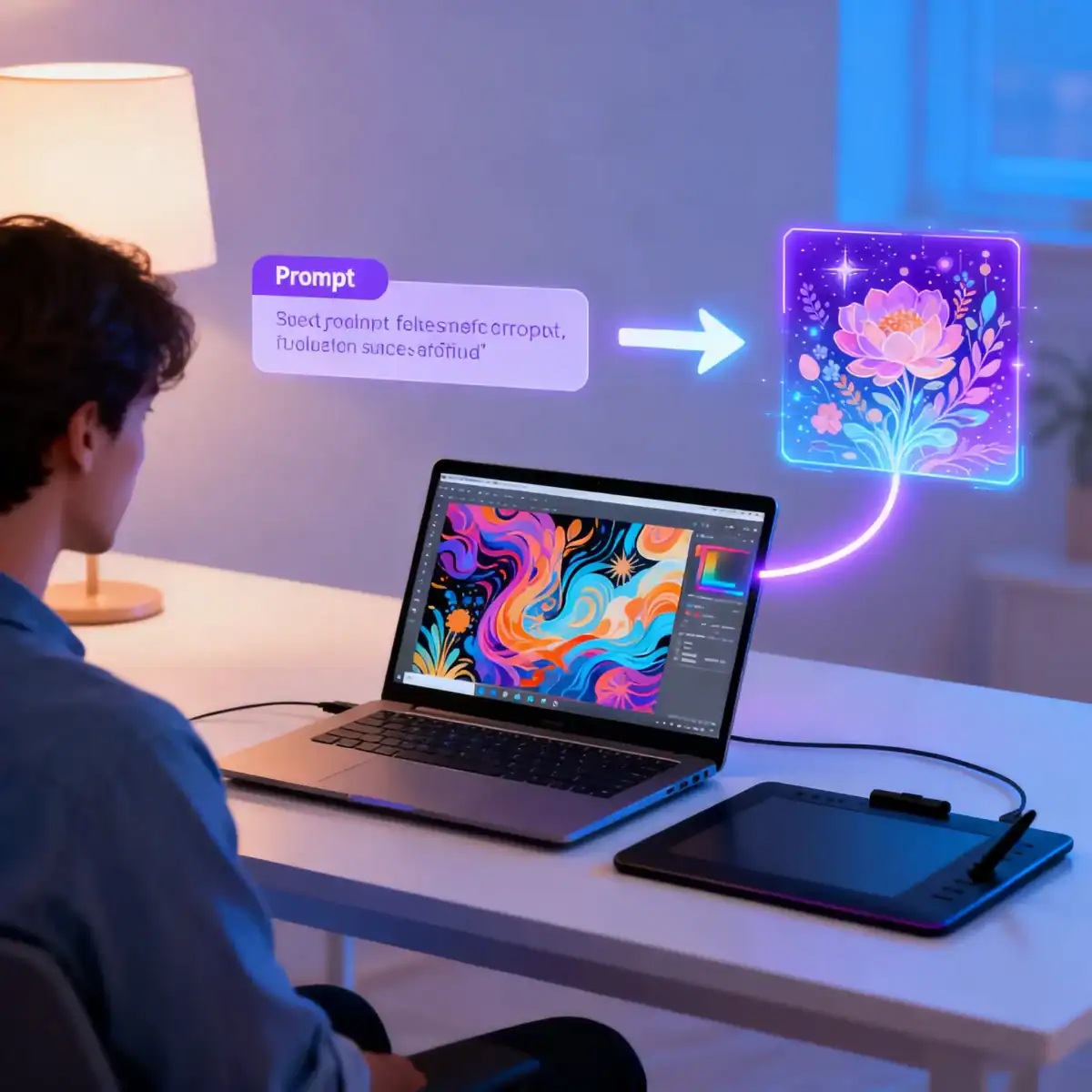 AI-powered digital art creation using drawing tablet and vibrant visual effects.