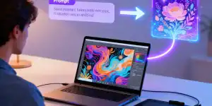 AI-powered digital art creation using drawing tablet and vibrant visual effects.